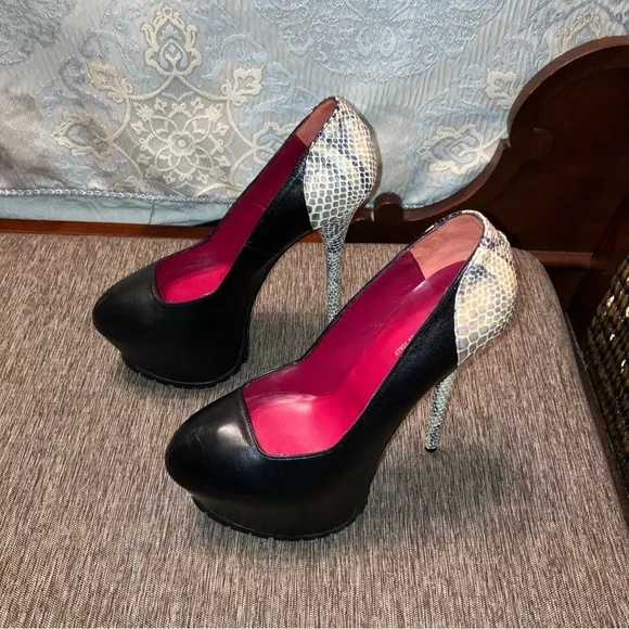 1969 Heels PUMPS Ultra High PLATFORM Black / Snakeskin - Sz 9 (EU 39) ITALY New!