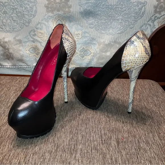 1969 Heels PUMPS Ultra High PLATFORM Black / Snakeskin - Sz 9 (EU 39) ITALY New!