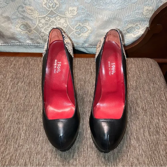 1969 Heels PUMPS Ultra High PLATFORM Black / Snakeskin - Sz 9 (EU 39) ITALY New!