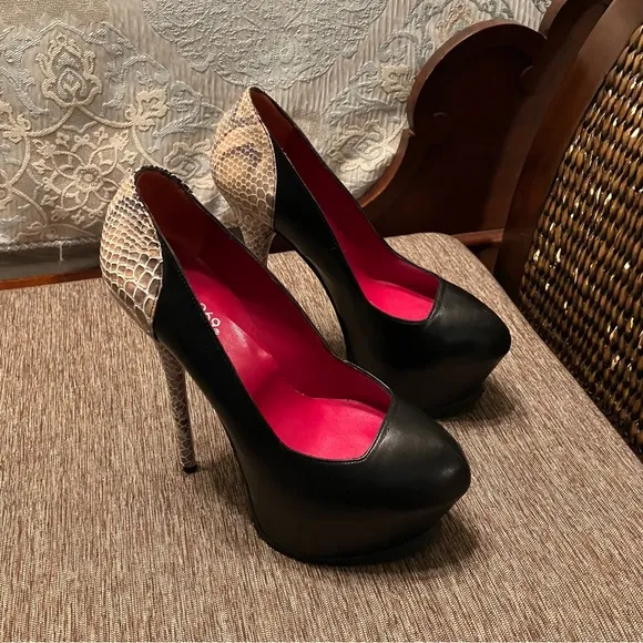 1969 Heels PUMPS Ultra High PLATFORM Black / Snakeskin - Sz 9 (EU 39) ITALY New!