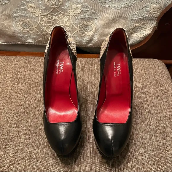 1969 Heels PUMPS Ultra High PLATFORM Black / Snakeskin - Sz 9 (EU 39) ITALY New!