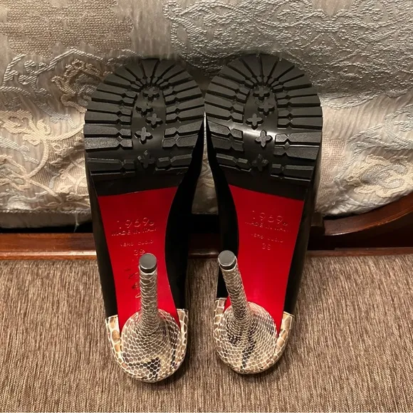 1969 Heels PUMPS Ultra High PLATFORM Black / Snakeskin - Sz 9 (EU 39) ITALY New!