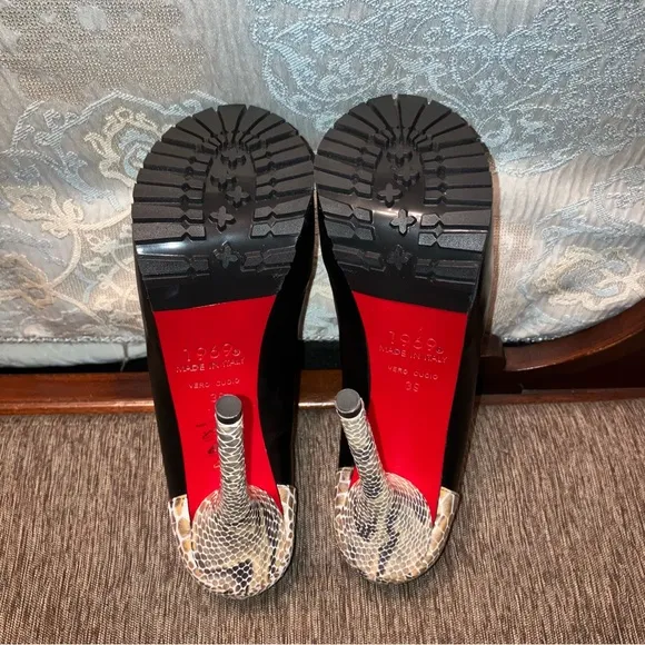 1969 Heels PUMPS Ultra High PLATFORM Black / Snakeskin - Sz 9 (EU 39) ITALY New!