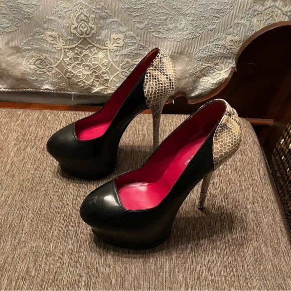 1969 Heels PUMPS Ultra High PLATFORM Black / Snakeskin - Sz 9 (EU 39) ITALY New!