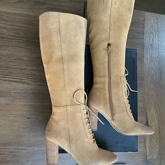 $229 New Charles David Bulletin Suede Leather Tall Knee High Lace Up 6.5 …