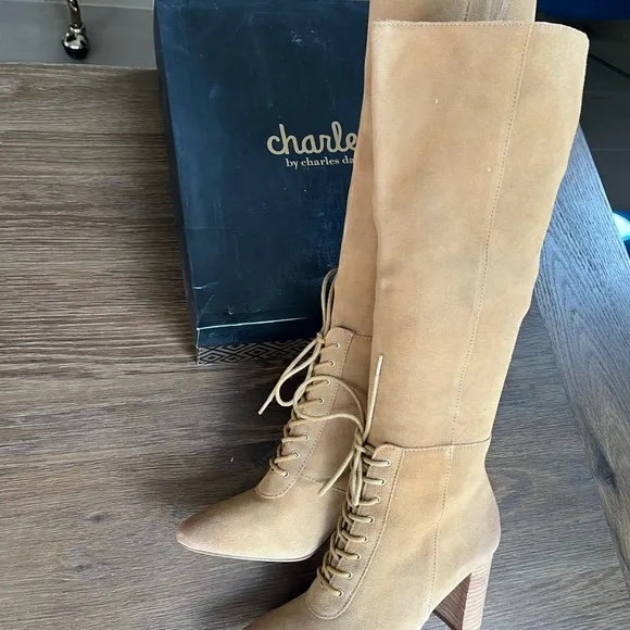 $229 New Charles David Bulletin Suede Leather Tall Knee High Lace Up 6.5 …
