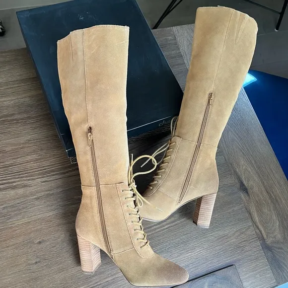 $229 New Charles David Bulletin Suede Leather Tall Knee High Lace Up 6.5 …
