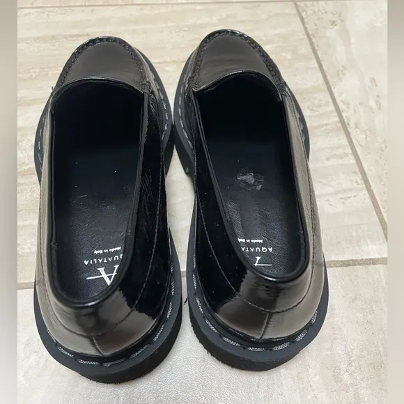 $450 New Aquatalia Hayley water resistant platform loafer black patent leather.