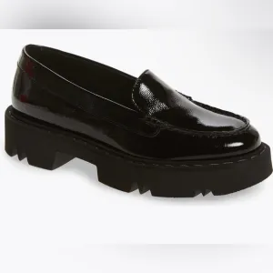 $450 New Aquatalia Hayley water resistant platform loafer black patent leather.