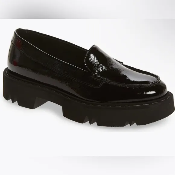 $450 New Aquatalia Hayley water resistant platform loafer black patent leather.