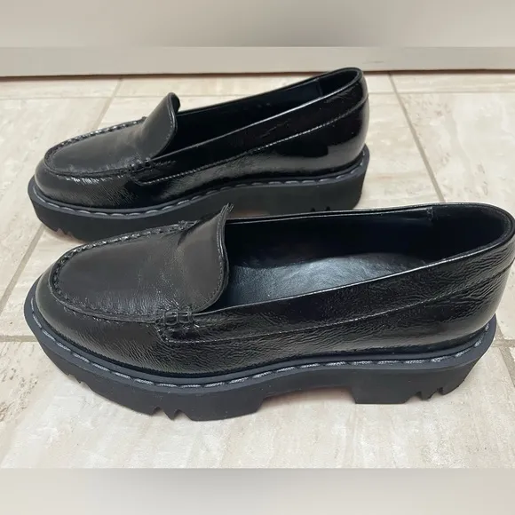 $450 New Aquatalia Hayley water resistant platform loafer black patent leather.