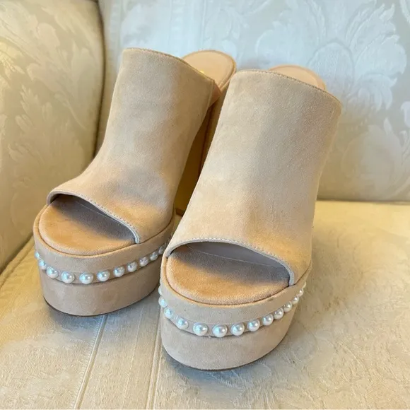$695 Stuart Weitzman Skyhigh 145 Womens Suede Pearl Embellished Platform Heels