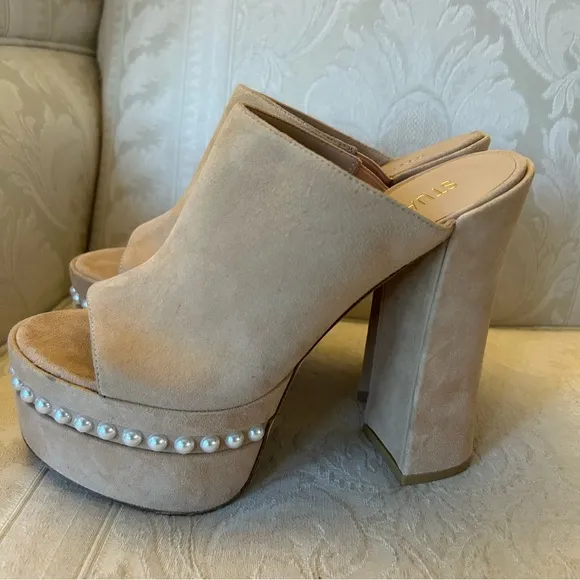 $695 Stuart Weitzman Skyhigh 145 Womens Suede Pearl Embellished Platform Heels