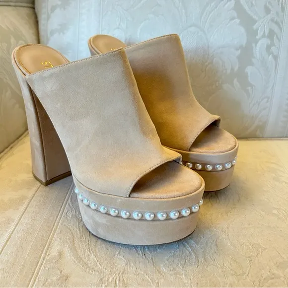 $695 Stuart Weitzman Skyhigh 145 Womens Suede Pearl Embellished Platform Heels