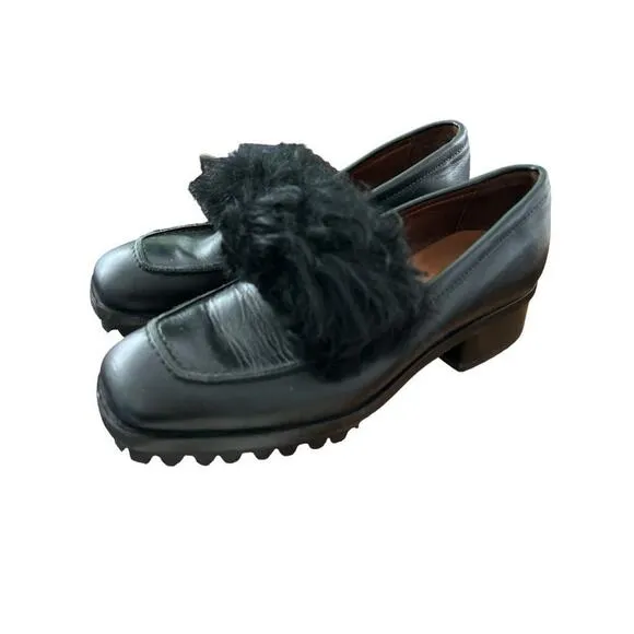 8 (38) Acne Studios Black Statement Shoes Fur Trim Lug Sole Slip On Loafers