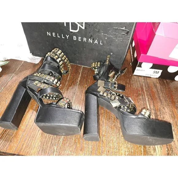9-9.5 Nelly Bernal Black Keila Strappy Platform Stiletto High Heel Shoes Boots