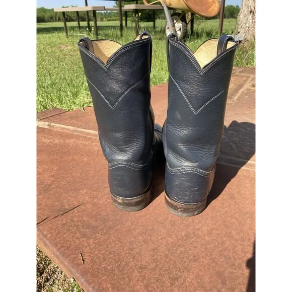 90s Justin Ropers 11.5D 3024 Navy Leather Cowboy Western Boots Mens Vintage USA