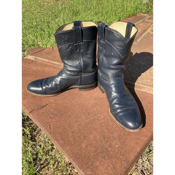 90s Justin Ropers 11.5D 3024 Navy Leather Cowboy Western Boots Mens Vintage USA