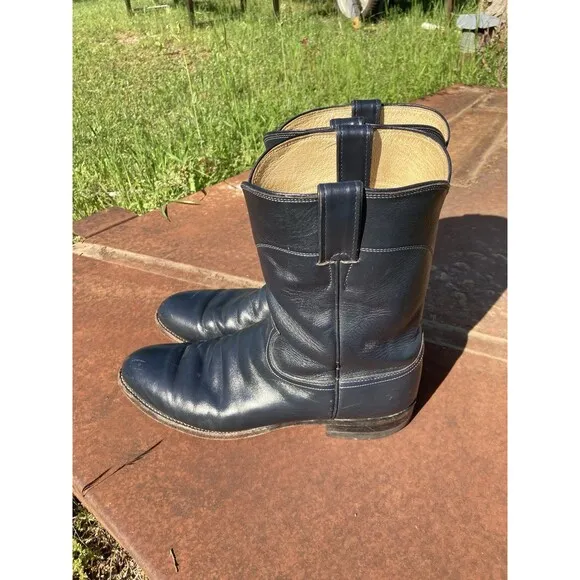 90s Justin Ropers 11.5D 3024 Navy Leather Cowboy Western Boots Mens Vintage USA
