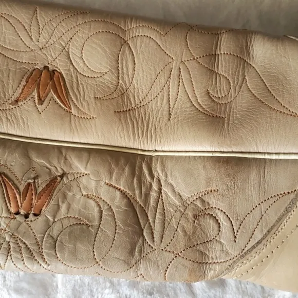 ACME 1970's Floral Inlay Tall Cream Leather Heel Boots Women's Size 5.5 M