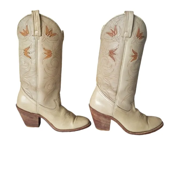ACME 1970's Floral Inlay Tall Cream Leather Heel Boots Women's Size 5.5 M
