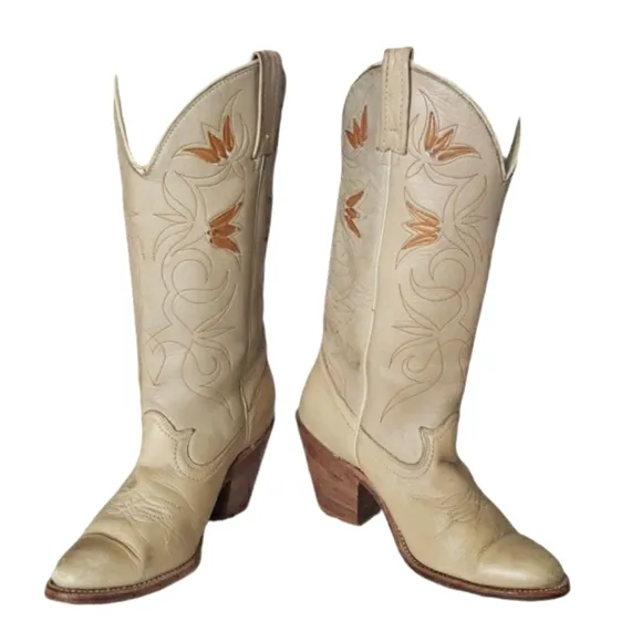 ACME 1970's Floral Inlay Tall Cream Leather Heel Boots Women's Size 5.5 M
