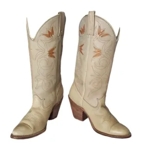 ACME 1970's Floral Inlay Tall Cream Leather Heel Boots Women's Size 5.5 M