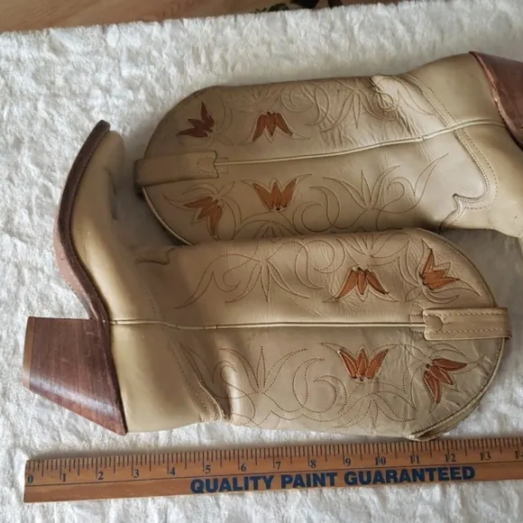 ACME 1970's Floral Inlay Tall Cream Leather Heel Boots Women's Size 5.5 M