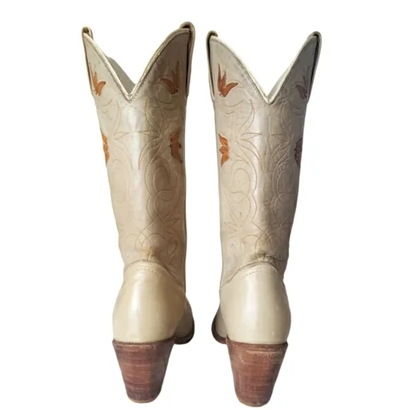 ACME 1970's Floral Inlay Tall Cream Leather Heel Boots Women's Size 5.5 M