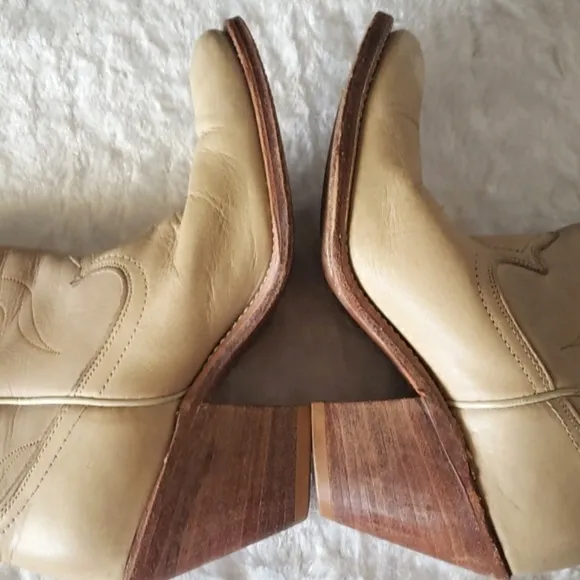 ACME 1970's Floral Inlay Tall Cream Leather Heel Boots Women's Size 5.5 M