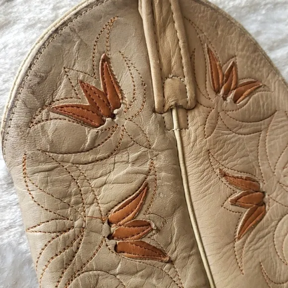 ACME 1970's Floral Inlay Tall Cream Leather Heel Boots Women's Size 5.5 M
