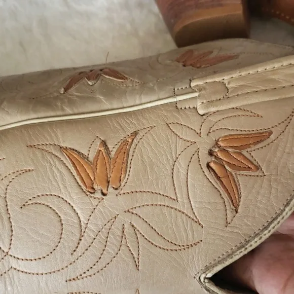 ACME 1970's Floral Inlay Tall Cream Leather Heel Boots Women's Size 5.5 M