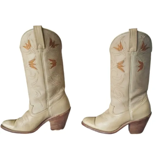 ACME 1970's Floral Inlay Tall Cream Leather Heel Boots Women's Size 5.5 M