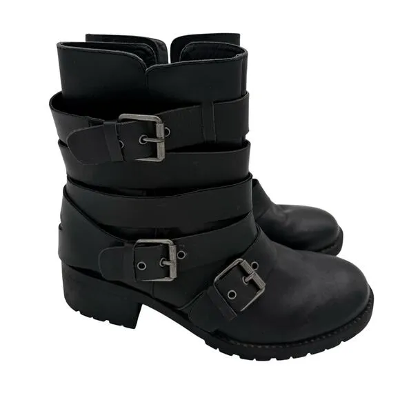 Adam Tucker Black Leather Buckle Ankle Moto Strappy Grunge 90s Boots Size 8