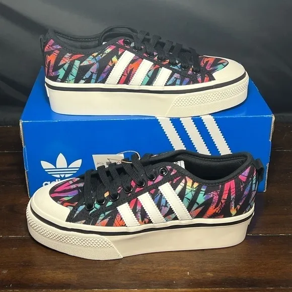 ADIDAS Nizza Low Top Platform Shoe HQ9857 | Neon Stripe 80s 90s Print
