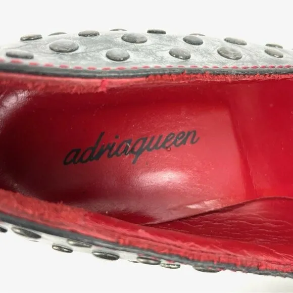 Adriaqueen Platform Heels 38 Silver Red Leather Studded Rose Shoes Unique Rare