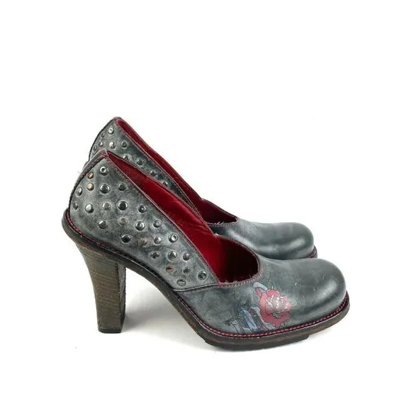 Adriaqueen Platform Heels 38 Silver Red Leather Studded Rose Shoes Unique Rare