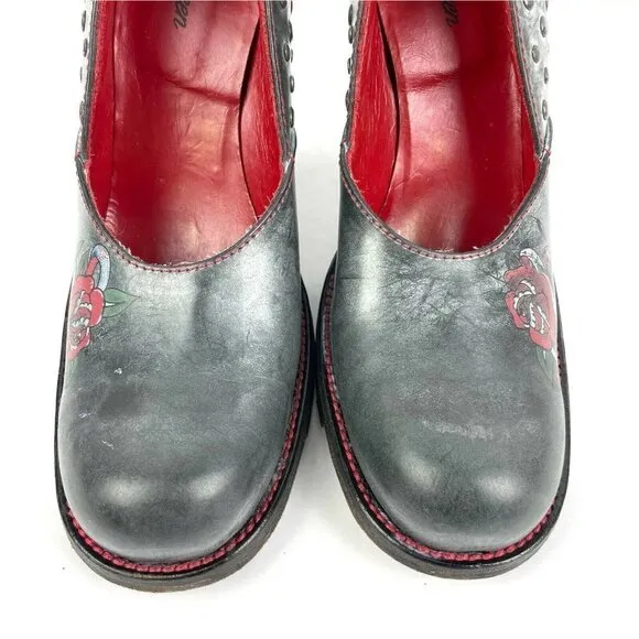 Adriaqueen Platform Heels 38 Silver Red Leather Studded Rose Shoes Unique Rare