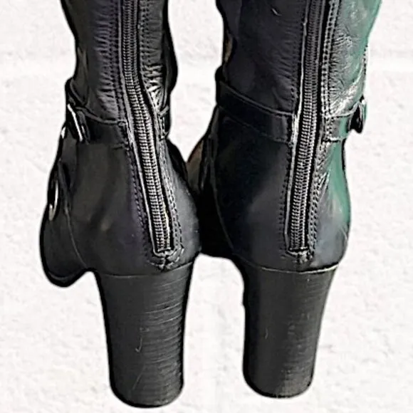 Adrienne Vittadini Tall Black Leather Boots with Buckle Embellishment Size 9