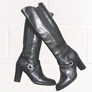 Adrienne Vittadini Tall Black Leather Boots with Buckle Embellishment Size 9