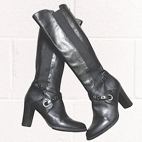 Adrienne Vittadini Tall Black Leather Boots with Buckle Embellishment Size 9