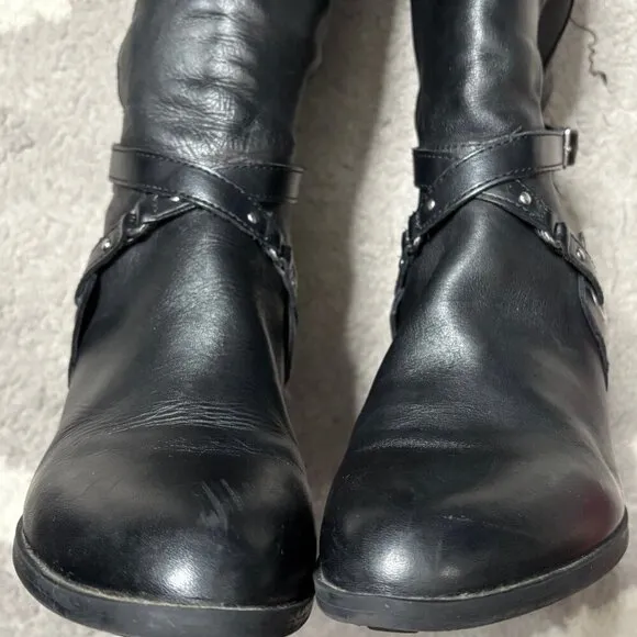 Adrienne Vittadini Tall Black Leather Boots with Buckle Embellishment Size 9