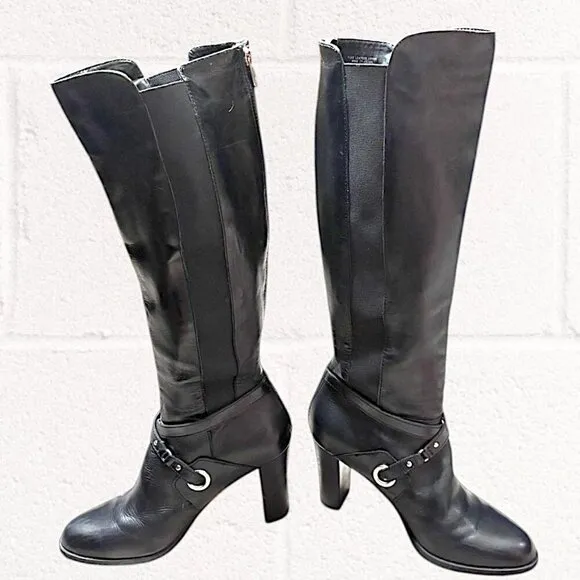 Adrienne Vittadini Tall Black Leather Boots with Buckle Embellishment Size 9