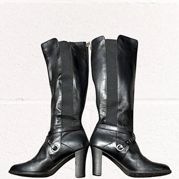 Adrienne Vittadini Tall Black Leather Boots with Buckle Embellishment Size 9