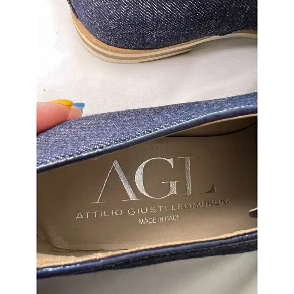 AGL Womens Denim Blue Print Leather Lace Up Oxfords Casual Shoes Size 38.5 Italy