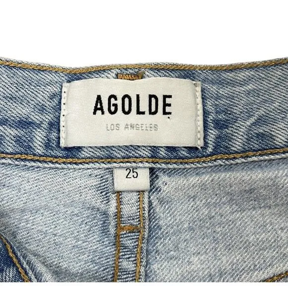 Agolde Blue Riley Denim Jeans Distressed High Rise Button Fly Cropped Size 25