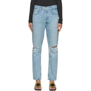 Agolde Blue Riley Denim Jeans Distressed High Rise Button Fly Cropped Size 25