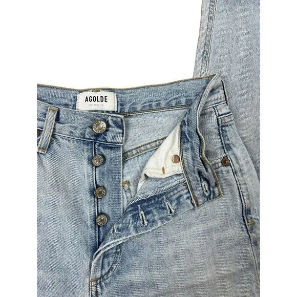 Agolde Blue Riley Denim Jeans Distressed High Rise Button Fly Cropped Size 25