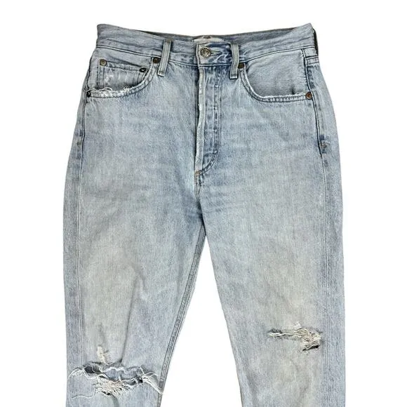 Agolde Blue Riley Denim Jeans Distressed High Rise Button Fly Cropped Size 25