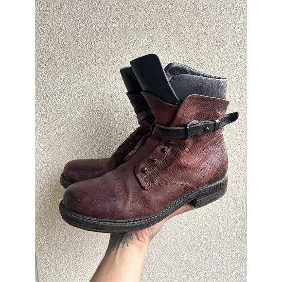 Airstep AS98 Burgundy Leather Boho Biker Ankle Boots Size EUR 39 / US 8.5-9